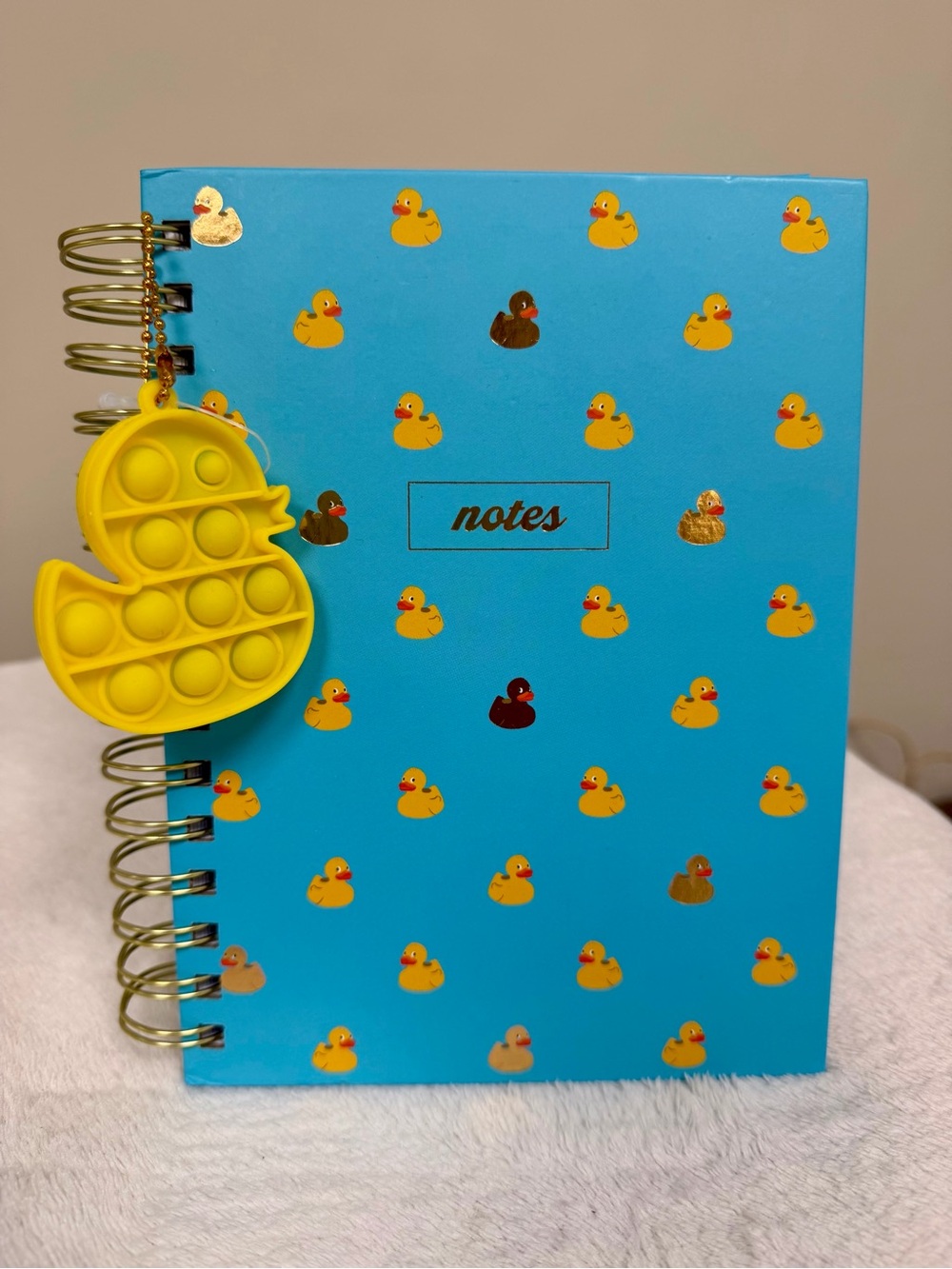 James Burke journal with Yellow Duck Pop-It Keychain